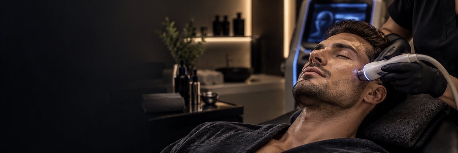 Hombre recibiendo tratamiento facial con tecnologia profesional en Divazza Stetique